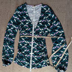 Boden Long Sleeve Faux Wrap Top, Green, Pink, Black, and White Pattern, size 4